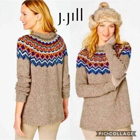 J Jill Size M Fair Isle Sweater Cotton Blend Pullover Light Brown - Picture 3 of 10